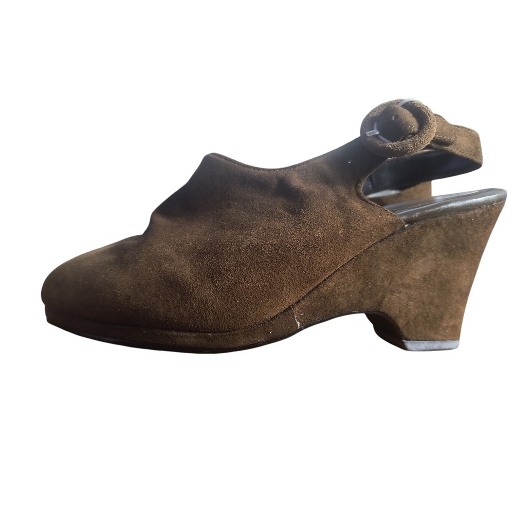 Chinese Laundry Brown Suede Wedge Heel Mules Buckle Slingback Casual Style - Picture 8 of 10